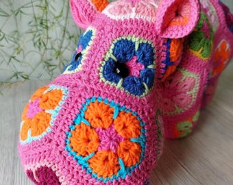 Crochet Hippo Plush, African Flower Hippopotamus, Colorful Amigurumi Stuffed Animal, Nursery Decor
