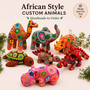 May include: A collection of seven crocheted animal figures, including a camel, elephant, rhinoceros, turtle, stegosaurus, dragon, and hippopotamus. Each figure is crafted from colorful, multi-patterned floral hexagon motifs in vibrant yarn.