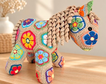Crochet Horse Plush, African Flower Pony, Colorful Amigurumi Animal, Boho Nursery Decor