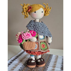 Handmade Crochet Doll with Flowers – Amigurumi Girl in Granny Square Dress – Plush Collectible Gift for Home Decor & Doll Lovers