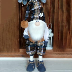 Large Standing Winter Gnome with Lantern – Handmade Scandinavian Shelf Decor – Rustic Plaid Fabric Gnome for Holiday or Cabin Display