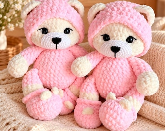 Crochet Teddy Bear Plush, Pink  Amigurumi Bear, Soft Stuffed Animal, Nursery Decor