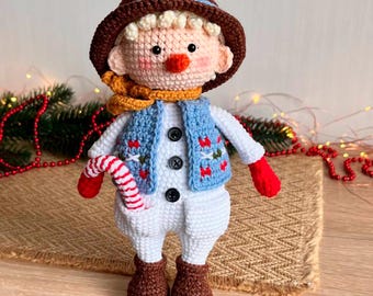 Crochet Snowman Doll, Amigurumi Christmas Plush, Candy Cane Shelf Decor