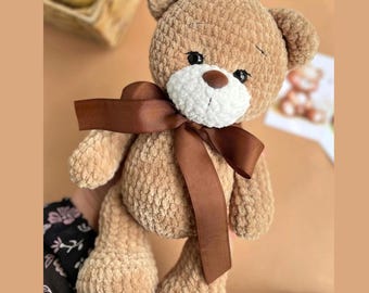 Classic Teddy Bear with Satin Bow, Handmade Amigurumi Plush, Soft Nursery Keepsake