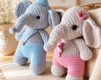 Crochet Elephant Plush Pair, Amigurumi Elephants in Overalls, Soft Stuffed Animals, Nursery Decor