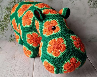 African Flower Hippo, Crochet Hippopotamus, Colorful Amigurumi Animal, Boho Nursery Decor