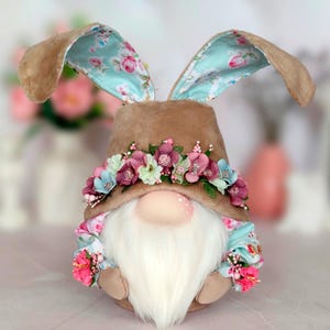 Handmade Bunny Gnome with Flowers – Spring Easter Plush Decor – Cute Scandinavian Shelf Sitter – Rabbit Gnome Gift