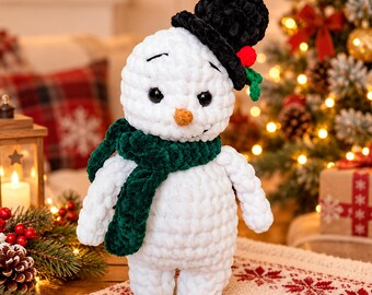 Crochet Snowman Plush, Amigurumi Christmas Doll, Winter Stuffed Animal, Holiday Decor