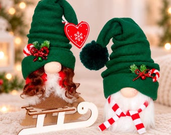 Christmas Gnome Pair, Green Hat Holiday Gnomes, Scandinavian Tomte Dolls, Winter Shelf Decor