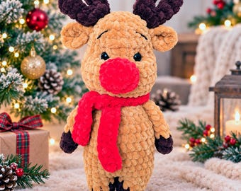 Crochet Reindeer Plush, Christmas Amigurumi Deer, Red Scarf Stuffed Animal, Winter Decor