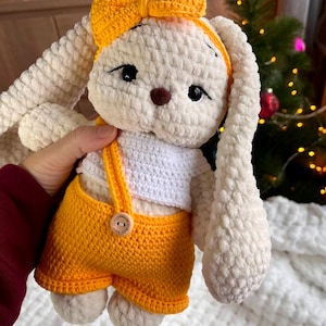 Handmade Crochet Bunny in Yellow Outfit – Soft Plush Rabbit Toy with Long Ears & Bow – Amigurumi Gift for Kids, Nursery Decor, Bunny Lovers