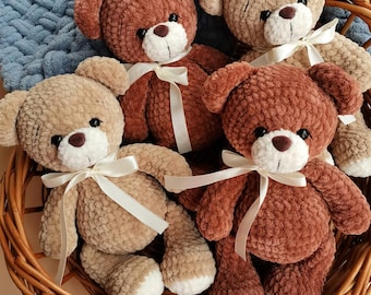 Crochet Teddy Bear Plush, Classic Amigurumi Bear with Ribbon, Soft Stuffed Animal, Nursery Decor