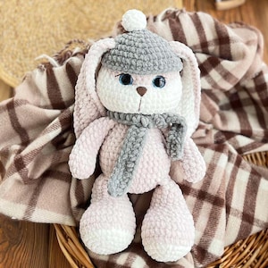 Handmade Crochet Plush Bunny Toy with Hat & Scarf, Soft Amigurumi Stuffed Rabbit, Cuddly Nursery Decor, Baby Shower Gift, Cute Kids Present