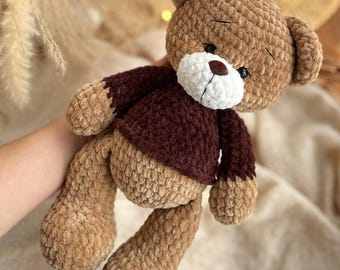 Teddy Bear in Sweater, Handmade Crochet Amigurumi, Brown Stuffed Animal, Nursery Decor