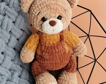 Crochet Teddy Bear Plush, Amigurumi Bear in Overalls, Soft Stuffed Animal, Nursery Decor