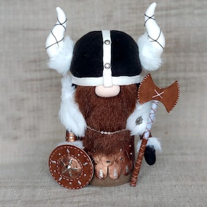Large Handmade Viking Gnome with Axe and Shield – Nordic Warrior Decor – Scandinavian Plush Gnome – Norse Mythology Gift, Rustic Home Accent