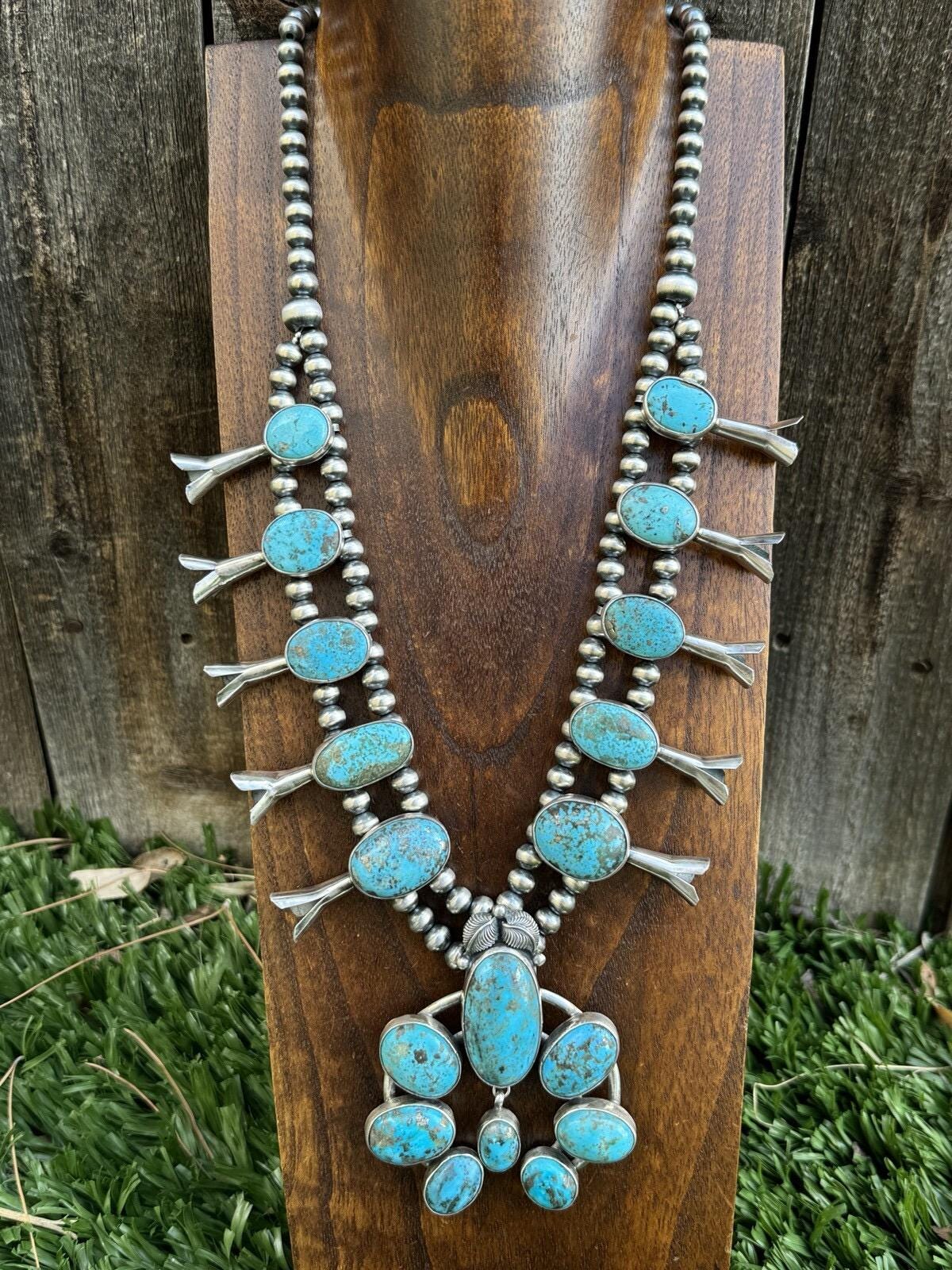 Navajo Silver White Water Turquoise Squash Blossom Necklace G
