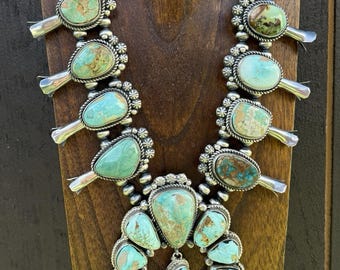 Navajo Sterling Silver Royston Turquoise Squash Blossom Pearls Necklace C Yazzie