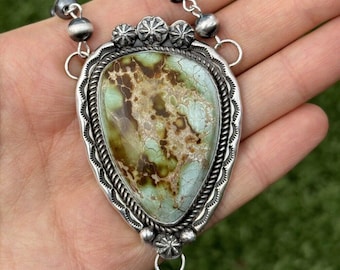Navajo 925 Sterling Silver Royston Turquoise Pendant Rosary Necklace. 32 Inch CY.
