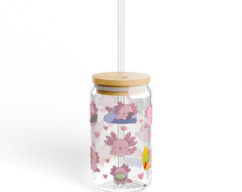 Cute Axolotl Sipper Glass, 16oz Water Bottle, Gift for Kids, Home Decor, Summer Drinkware, Birthday Present, Eco-Friendly Cup