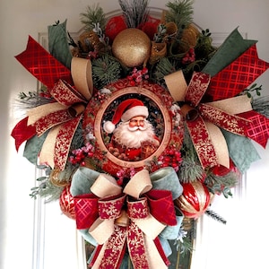 Vintage Santa Christmas Wreath, Holiday Door Decor with Red & Gold Ribbons, Classic Santa Claus Wall Hanging, Elegant Christmas Decoration
