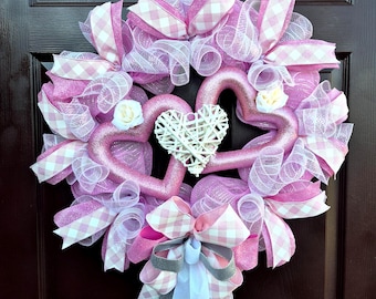 Pink Valentine Heart Wreath, Valentine’s Day Front Door Decor, Pink & White Heart Mesh Wreath, Romantic Home Decor