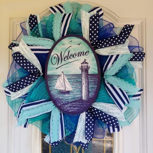 Nautical Welcome Door Wreath, Coastal Welcome Door Wreath, Lighthouse & Sailboat Coastal Door Décor, Summer Nautical Wreath For Front Door