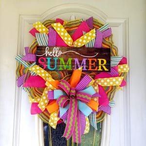 Vibrant Hello Summer Deco Mesh Wreath, Cheerful Summer Door Decoration, Colorful Front Door Wreath For Summer Vibes,