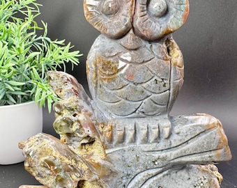 Natural Crystal Obicular Ocean Jasper Owl Carving sitting on a branch 6.1”x5.3”x1.3”, 762 grams