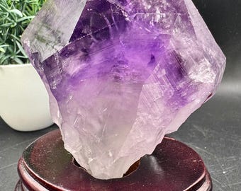 Natural Crystal Phantom Amethyst Freeform with Customized Wooden Holder 426.8 g 4.3”x3.7” without holder  538.2 grams 5” tall with holder,
