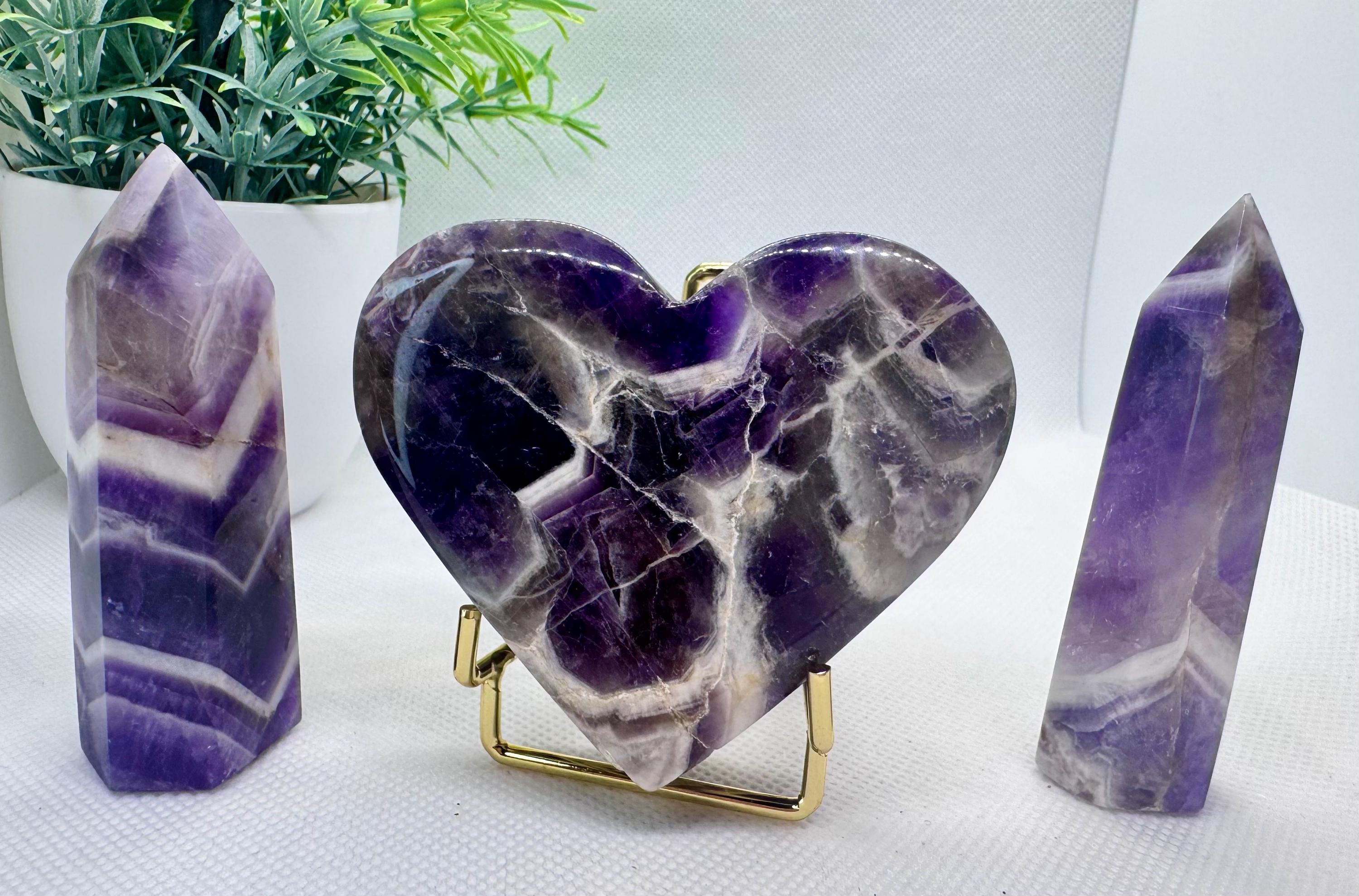 Natural Crystal Chunky Purple Amethyst Heart 2.9” x 2.5” x 1” with Two Tower (2.7”) set! Holder not included