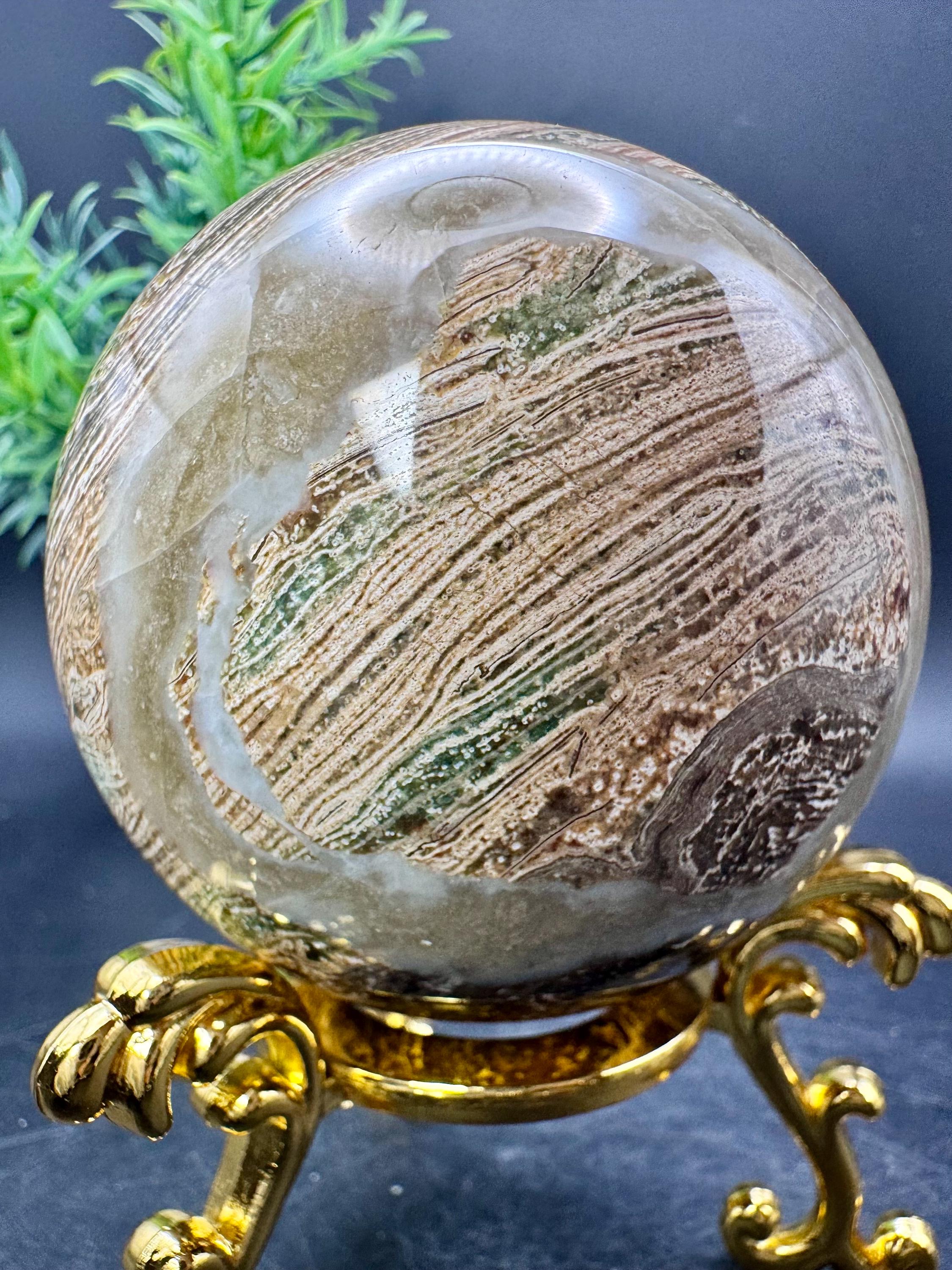 Natural Crystal Green “zebra Banded” Jasper Sphere 2.5” Diameter