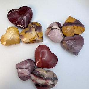Natural Crystal Mookaite Heart Carving Bundle 3 options sets of 3 (1.8”-2.5”), 228.5-247.8grams