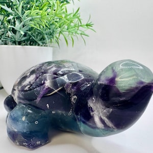 Natural Crystal Large & Chunky Rainbow Fluorite Turtle Carving 5.6”x 3.25”x 2”, 642.2 grams with Natural Imperfections