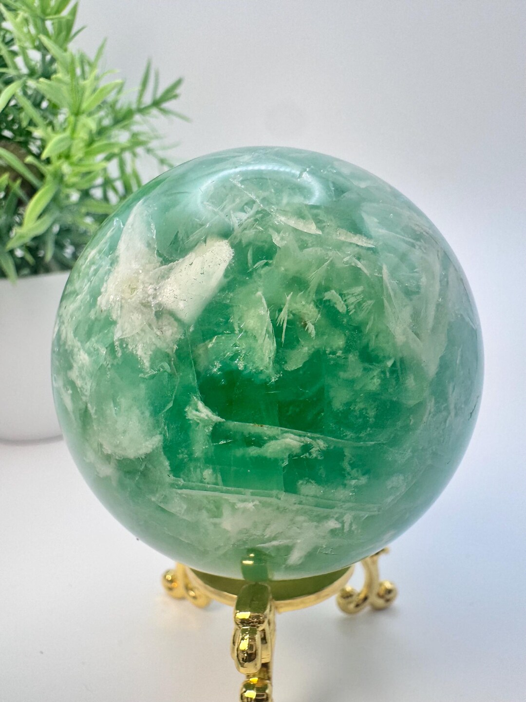 Natural Crystal Mint Feather Green Fluorite Sphere 2.4” Diameter, 371.2 ...