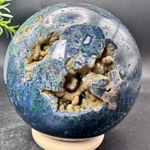 Natural Crystals Large Druzy Moss Agate Sphere 3.1” diameter, 642.1 grams