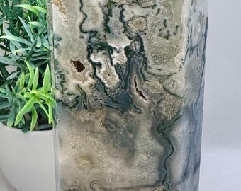Natural Crystal Large Moss Agate Druzy Tower 9” tall, 928.3 grams (2lbs)