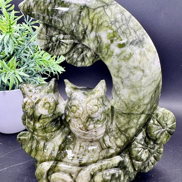 Green Jade Large Crystal With Two Owls sitting on the moon 6.5”x5.5”, 1058.2 grams
