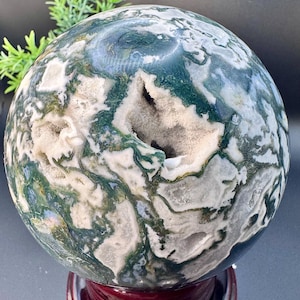 Natural Crystal Druzy Moss Agate Sphere  4.2” diameter, 1693.8 grams (3.73 lbs)