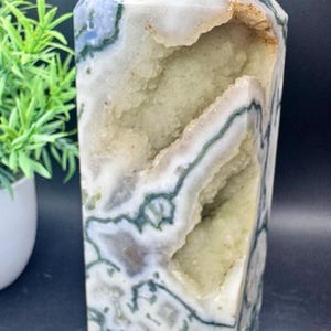 Natural Crystal Chunky Druzy Moss Agate Tower 6.5” tall, 707.6 grams