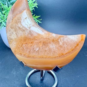 Natural Crystal Carnelian Agate in Quartz Moon Carving -Holder not included- 4”, 278.1 grams