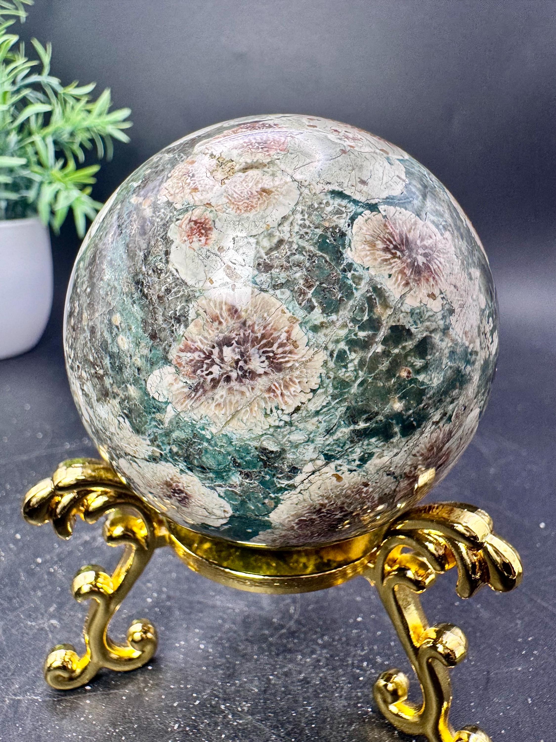 Natural Crystal Green Russian Flower Jasper Sphere 2.4”, 296.1