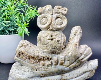 Natural Crystal Obicular Ocean Jasper Owl Carving sitting on a branch 4.8”x3.8”x1.5”, 450.8grams