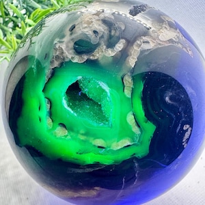 Natural Crystal  Strong UV REACTION Large Druzy Volcano Agate Sphere 3.6” diameter, 1048.6 grams