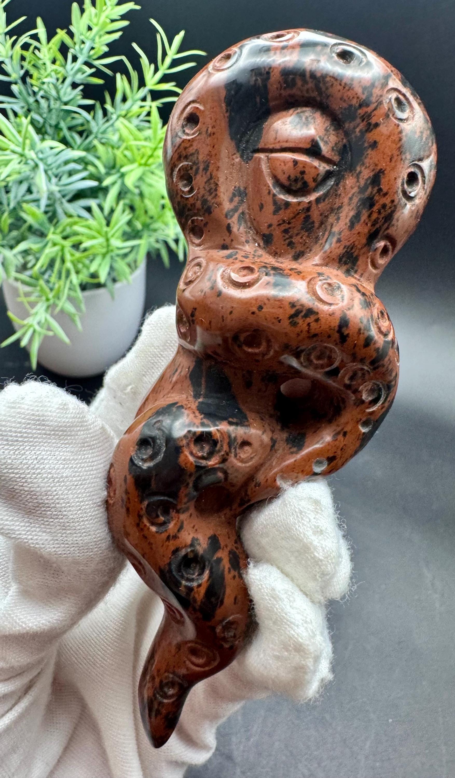 Natural Crystal Red Obsidian Octopus Carving 4.5”, 108 grams