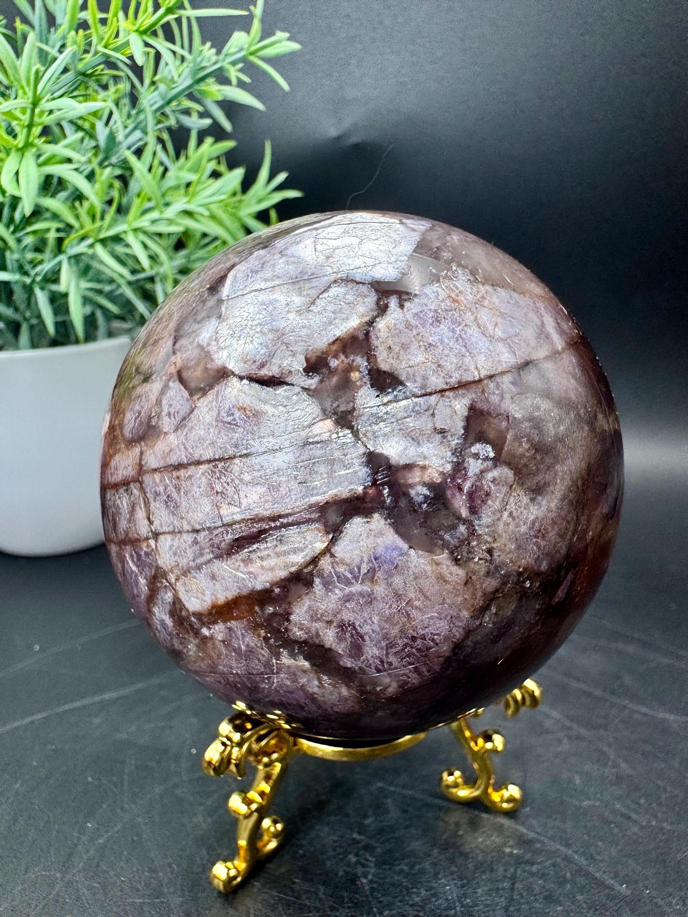 AAA+++ Natural Crystal Super Fashy Large Purple Gem Mica Sphere with Golden Healer Quartz 2.7” diameter, 466.6 grams