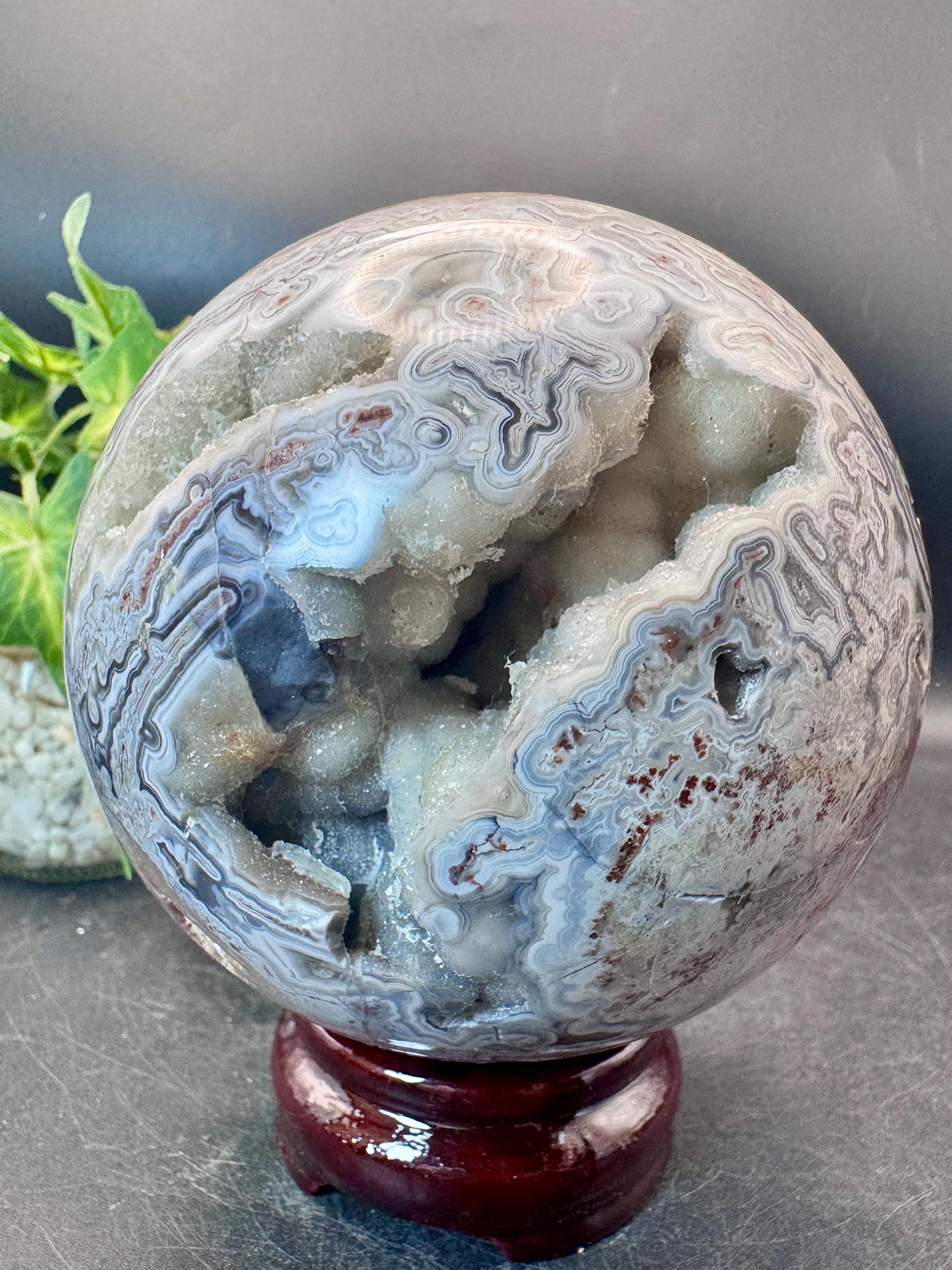 Natural Crystal Large White Druzy Crazy Lace Agate Sphere 3.8