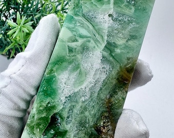 Natural Green Quartz with Agate Tower 6” tall, 391 grams