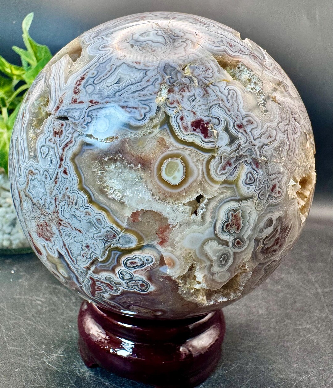 Natural Crystal Large White Druzy Crazy Lace Agate Sphere 3.8