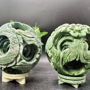 Large Green Jade Linglong Puzzle 4-Layer Moving Sphere Carving with Customized Green Jade Stand – 3.8” Diameter, 586-650g